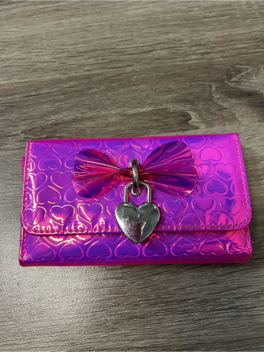 Holographic Pink Heart Bow Wallet with Silver Heart Lock